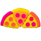 Three colorful NeeDoh Squeeza Pizza fidget toy slices in bright neon yellow, orange, and pink with textured toppings.