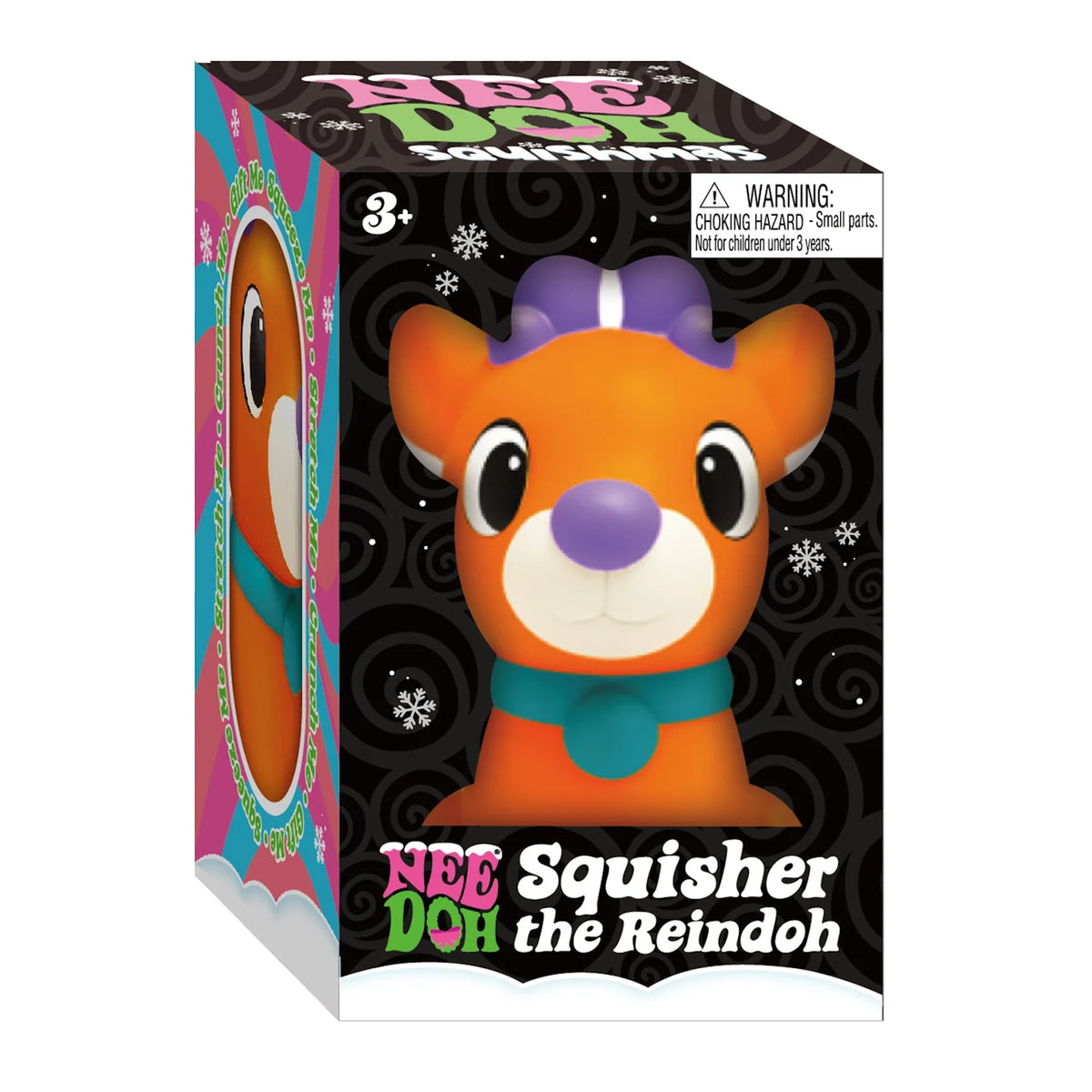 NeeDoh Squisher the Reindoh holiday squishy toy in black festive packaging with snowflakes and colorful Schylling branding.
