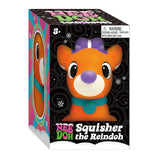 NeeDoh Squisher the Reindoh holiday squishy toy in black festive packaging with snowflakes and colorful Schylling branding.