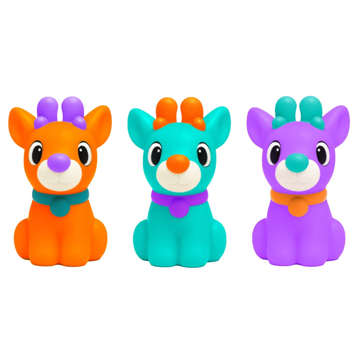 Three NeeDoh Squisher the Reindoh holiday stress toys in orange, teal, and purple with colorful antlers and collars.