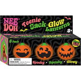 NeeDoh Teenie Jack-Glow Lanterns 3-pack box featuring three orange, squishy, glow-in-the-dark Halloween pumpkin stress balls.
