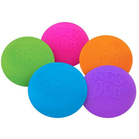 Five vibrant Nee Doh stress balls are shown: pink, orange, green, blue, and purple. They overlap slightly, conveying a playful and colorful tone.