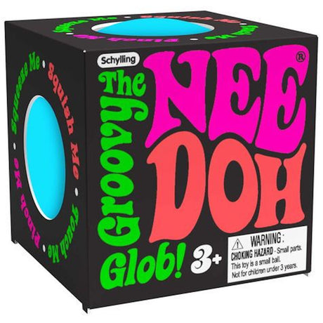 Colorful box labeled "The Groovy Nee Doh" featuring bright pink and green text. It contains a stress ball with "3+" age warning and "Squeeze Me" text.
