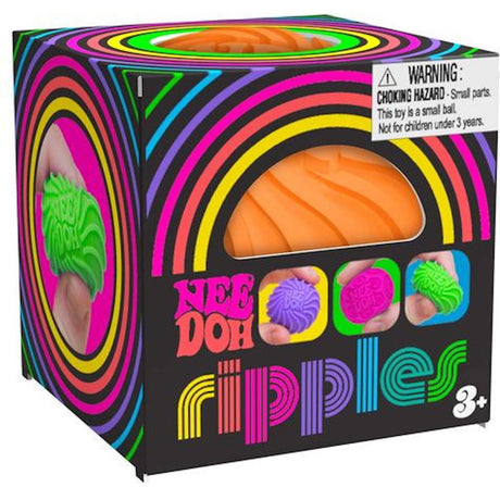 Neon-striped box of Nee Doh Ripples for ages 3+, with hand-squeezed stress balls in green, purple, and orange. A warning label is visible.