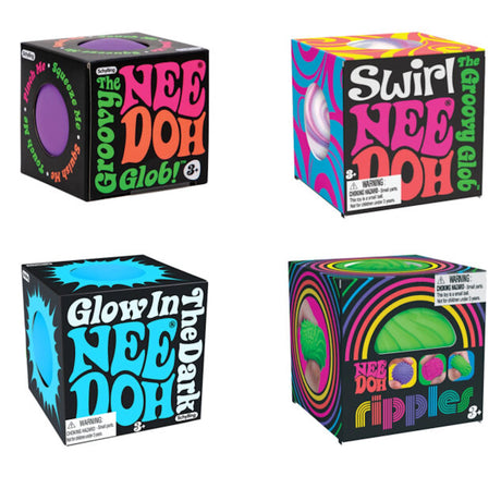 Four colorful Nee Doh toy boxes with distinct designs: "Groovy" with purple, "Swirl" with psychedelic swirls, "Glow in the Dark" in blue, and "Ripples" in rainbow hues. Each exudes a playful, vibrant vibe.