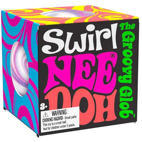 Colorful squishy toy packaging with retro lettering. "Swirl Nee Doh" is in bold pink and white text. A warning label mentions choking hazard, small parts.