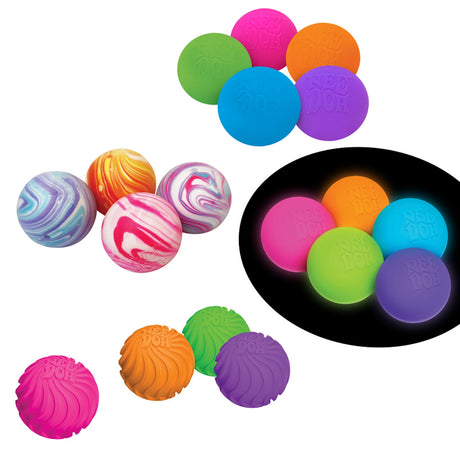 Vibrant stress balls; top right solid neon colors, center swirl patterns, bottom left textured pink, orange, green, purple, glowing effect. Playful tone.
