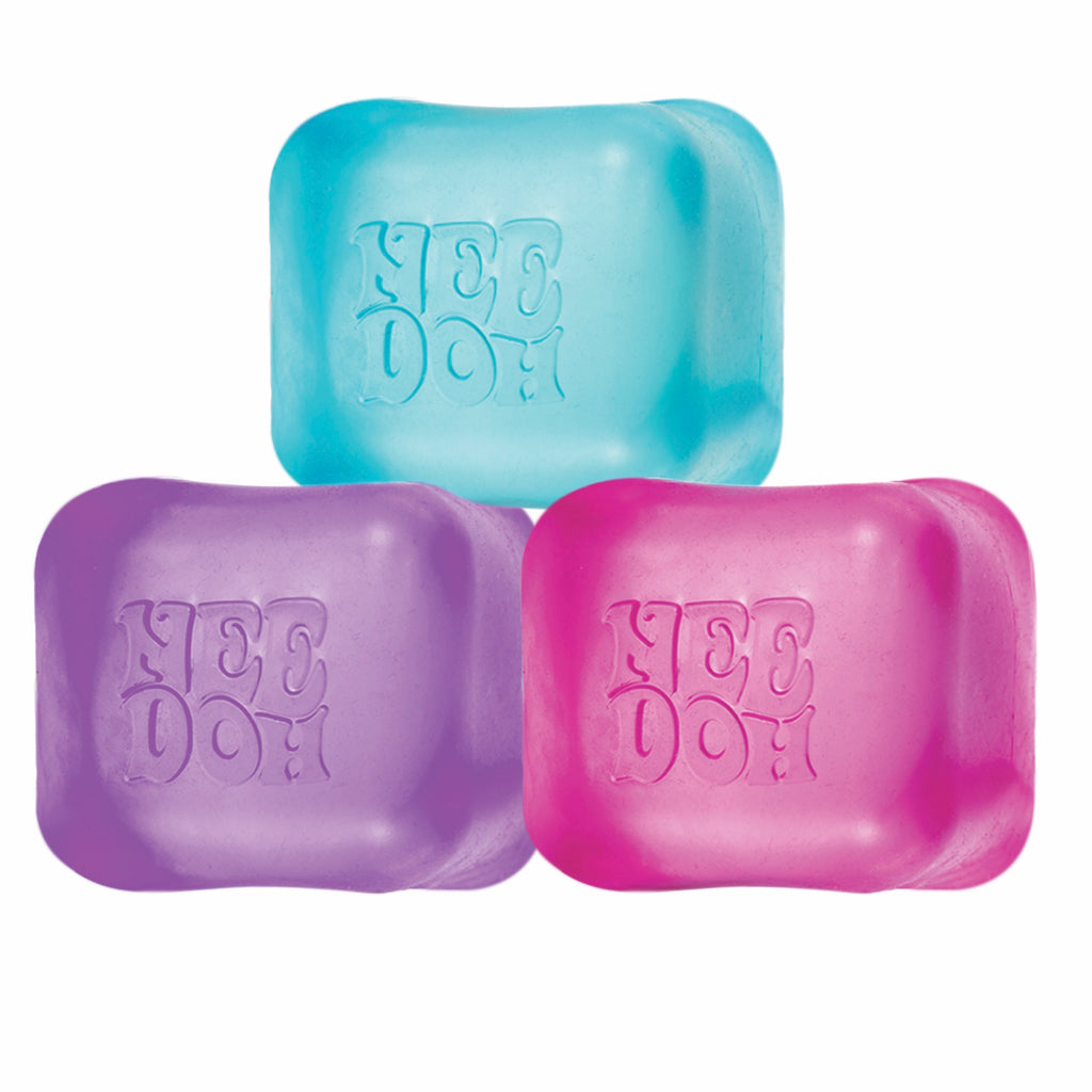 Three colorful NeeDoh stress balls are shown. The top ball is cyan, the left is purple, and the right is pink. Each has "NeeDoh" embossed on it.