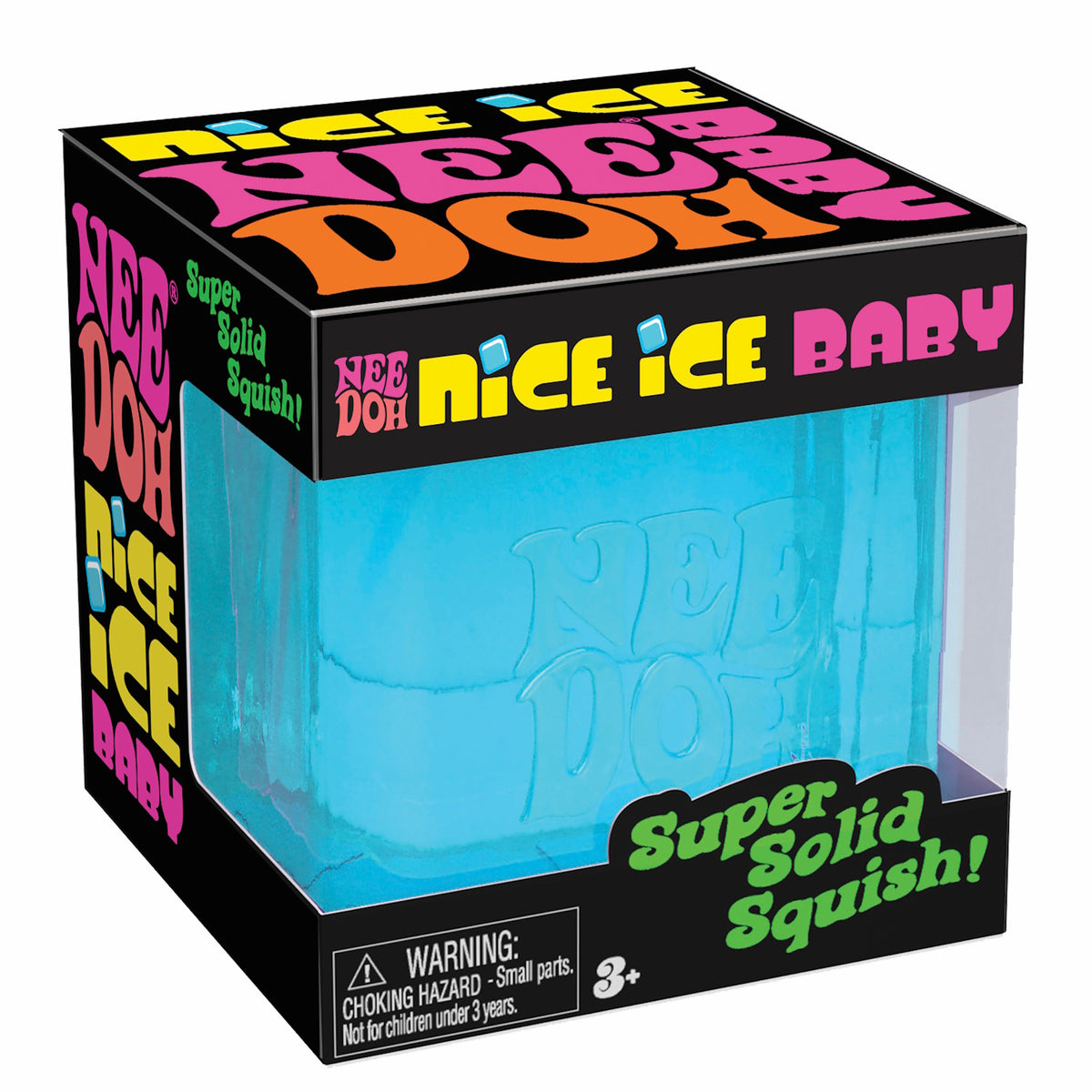 Packaging for a Nee Doh product labeled "Nice Ice Baby" with vibrant, colorful text. The blue squishy toy inside is visible. Playful tone.