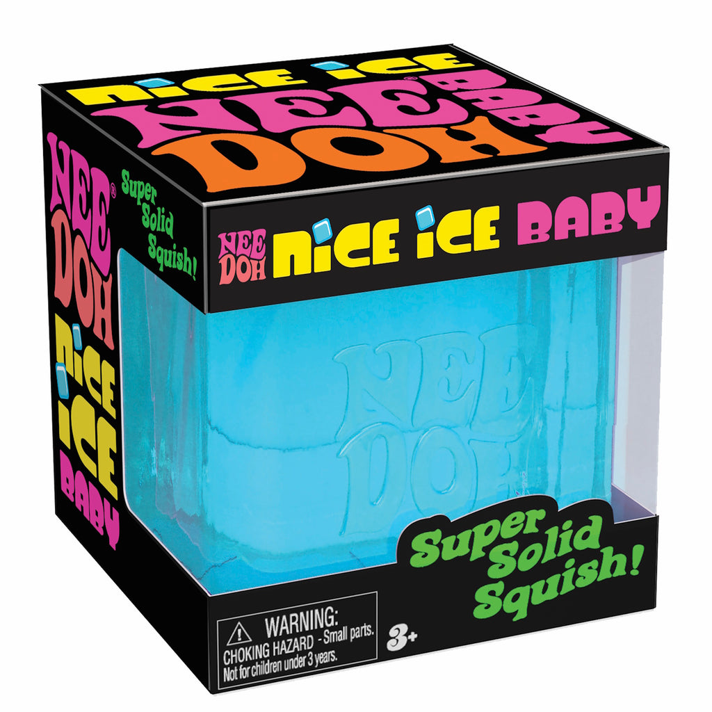 Packaging for a Nee Doh product labeled "Nice Ice Baby" with vibrant, colorful text. The blue squishy toy inside is visible. Playful tone.