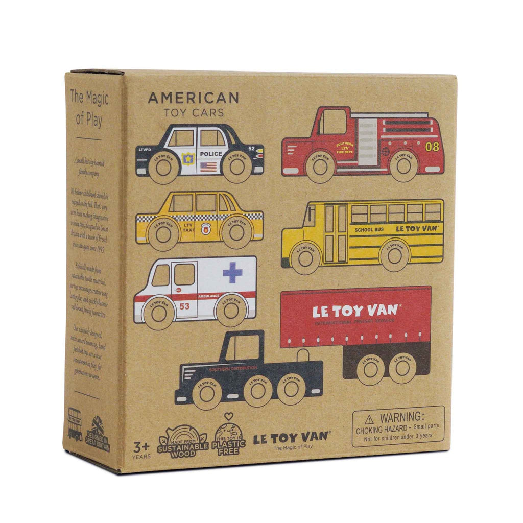Box of American toy cars with six illustrated vehicles: police car, fire truck, taxi, school bus, ambulance, and delivery truck. Eco-friendly, age 3+.