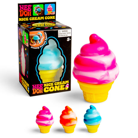 NeeDoh Nice Cream Cone squishy toy in pink and yellow next to its black packaging and smaller variants.