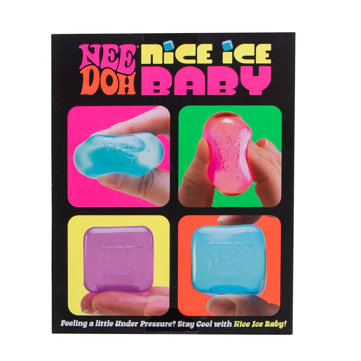Back packaging for NeeDoh Nice Ice Baby showing hands squeezing and holding colorful cube-shaped squishy toys.