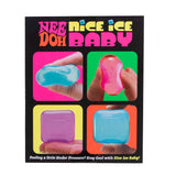 Back packaging for NeeDoh Nice Ice Baby showing hands squeezing and holding colorful cube-shaped squishy toys.