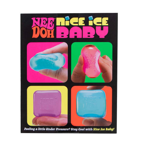 Back packaging for NeeDoh Nice Ice Baby showing hands squeezing and holding colorful cube-shaped squishy toys.