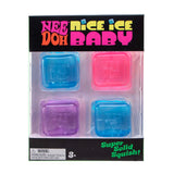Four colorful, square-shaped NeeDoh Nice Ice Baby squishy toys inside a retail package.