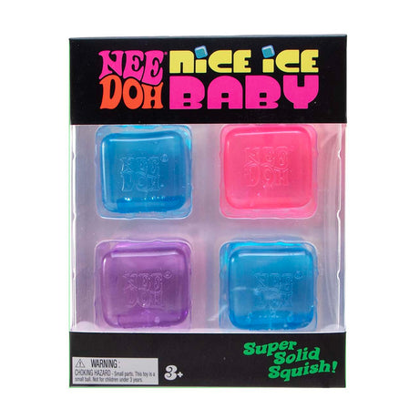 Four colorful, square-shaped NeeDoh Nice Ice Baby squishy toys inside a retail package.