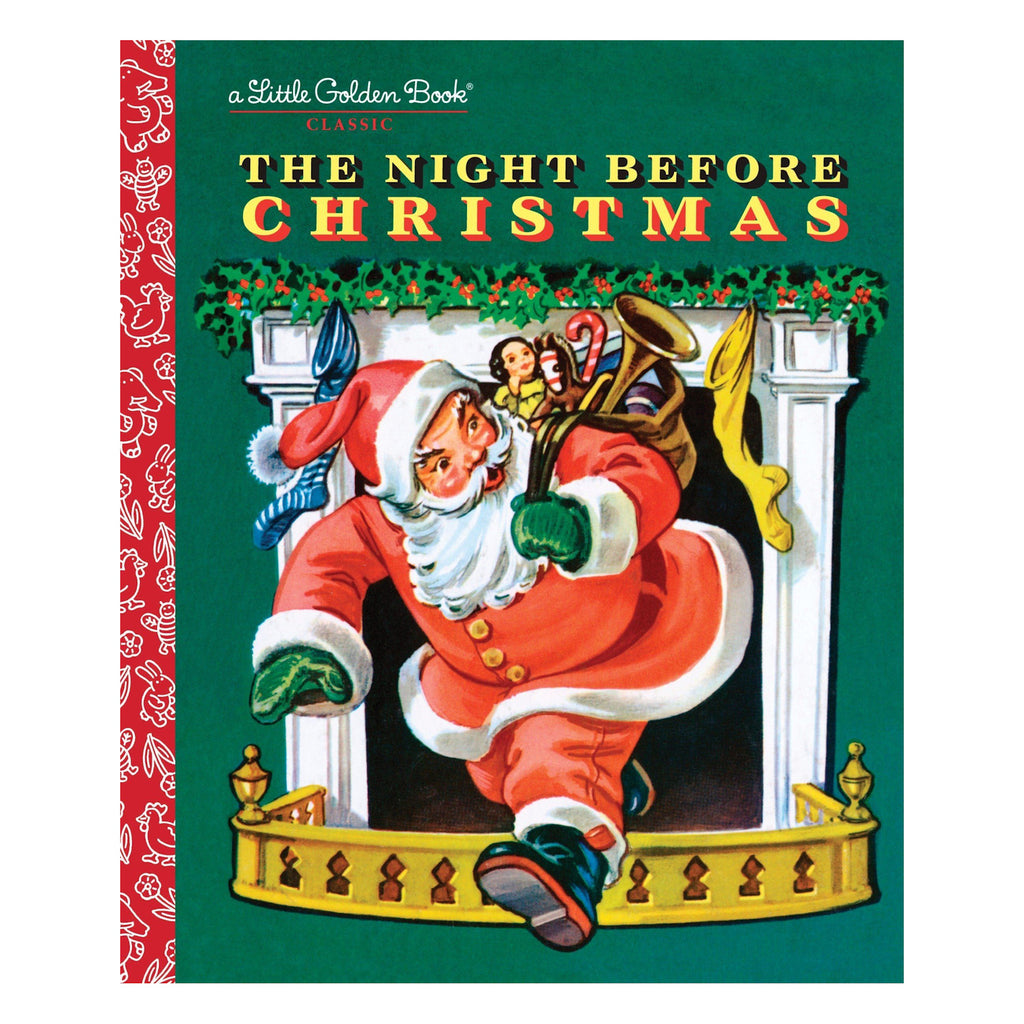 Santa Claus in a red suit climbs into a chimney with a sack of toys. Festive and cheerful, framed by a garland, on "The Night Before Christmas" book cover.