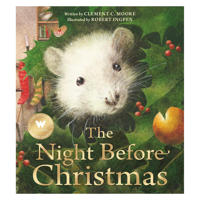 The Night Before Christmas book cover by Robert Ingpen featuring a white mouse peaking through green holly leaves.