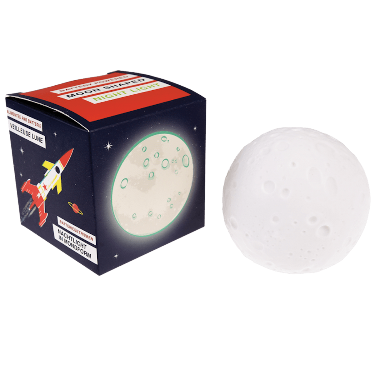 Spherical white moon-shaped night light resting next to its dark blue space-themed packaging box.