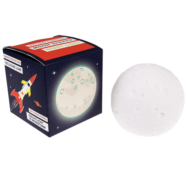 Spherical white moon-shaped night light resting next to its dark blue space-themed packaging box.