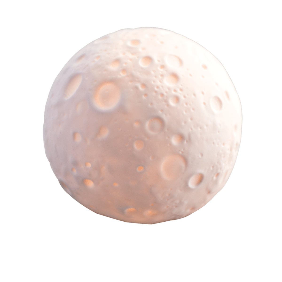 Glowing moon-shaped night light with a textured crater surface against a plain white background.