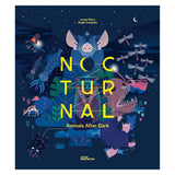 Book cover for Nocturnal: Animals After Dark by Lucas Riera, featuring stylized illustrations of a bat, squid, and owl.