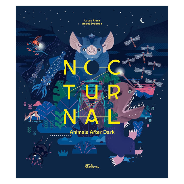 Book cover for Nocturnal: Animals After Dark by Lucas Riera, featuring stylized illustrations of a bat, squid, and owl.