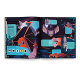 Illustrated book spread about nocturnal predatory mammals, featuring bats, a lynx, and various animal pupil shapes.