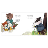 Illustrated children's book spread showing a group of forest animals standing together near a badger by a tree.