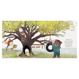 Children's book illustration of animals playing near a large tree with a tire swing and a bunny sitting in a hollow.