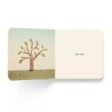 Minimalist collage illustration of a simple tree with green leaves on grass beside the text "the tree".