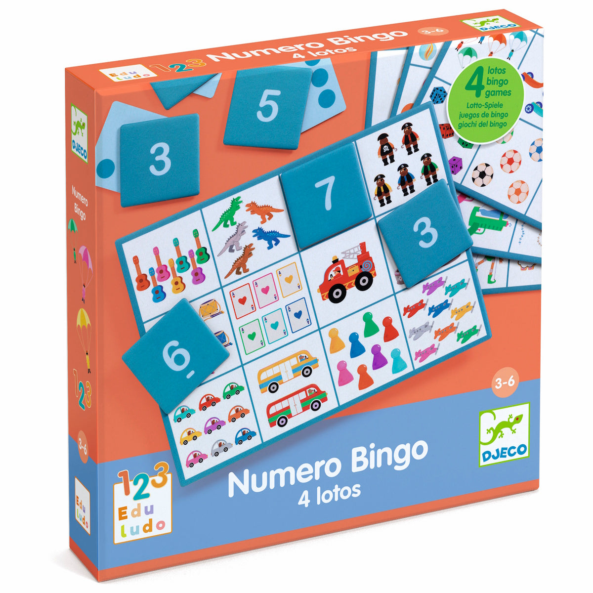 Djeco Eduludo Numero Bingo game box for toddlers featuring colorful number tiles and animal illustrations.