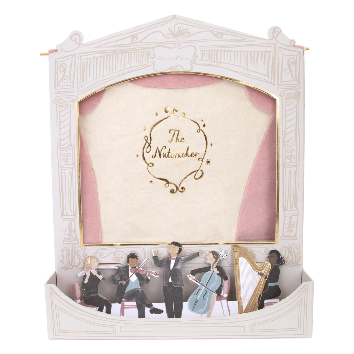 Miniature paper theater set titled "The Nutcracker" featuring an orchestra performing in the pit.