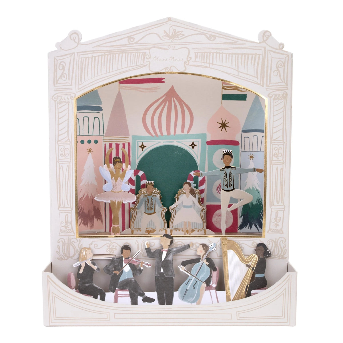 Nutcracker Theatre pop-up advent calendar featuring dancers, orchestra, and palace stage backdrop.