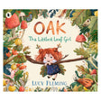 "Oak: The Littlest Leaf Girl" book cover by Lucy Fleming, featuring a tiny girl on a twig, with forest motifs.