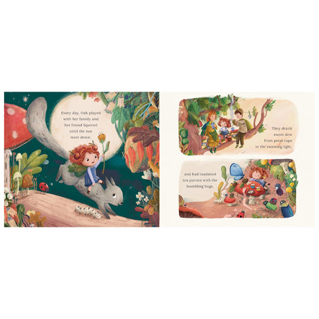Whimsical children's book illustration of a fairy girl riding a squirrel and having a tea party in a magical forest.