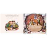 Children's book illustration showing a family of forest folk hugging and sharing a meal inside a cozy tree hollow home.