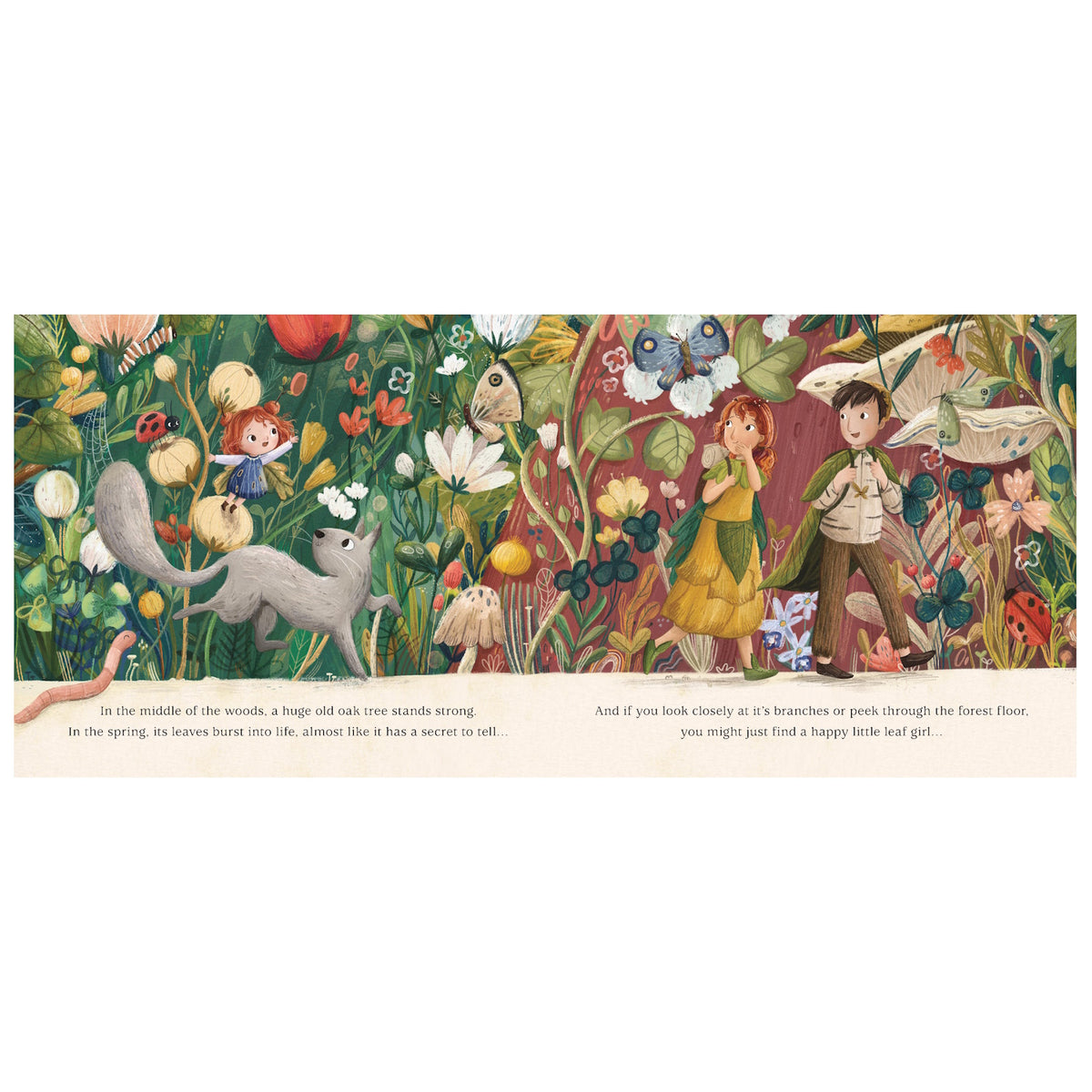 Whimsical children's book illustration of a leaf girl, a boy, and a grey cat in a colorful enchanted forest.