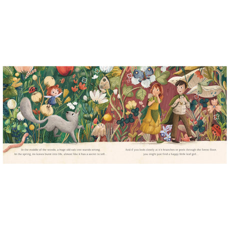 Whimsical children's book illustration of a leaf girl, a boy, and a grey cat in a colorful enchanted forest.