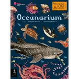 Cover of the book "Oceanarium" featuring diverse sea creatures like a shark, turtle, penguin, and octopus on a dark blue background.