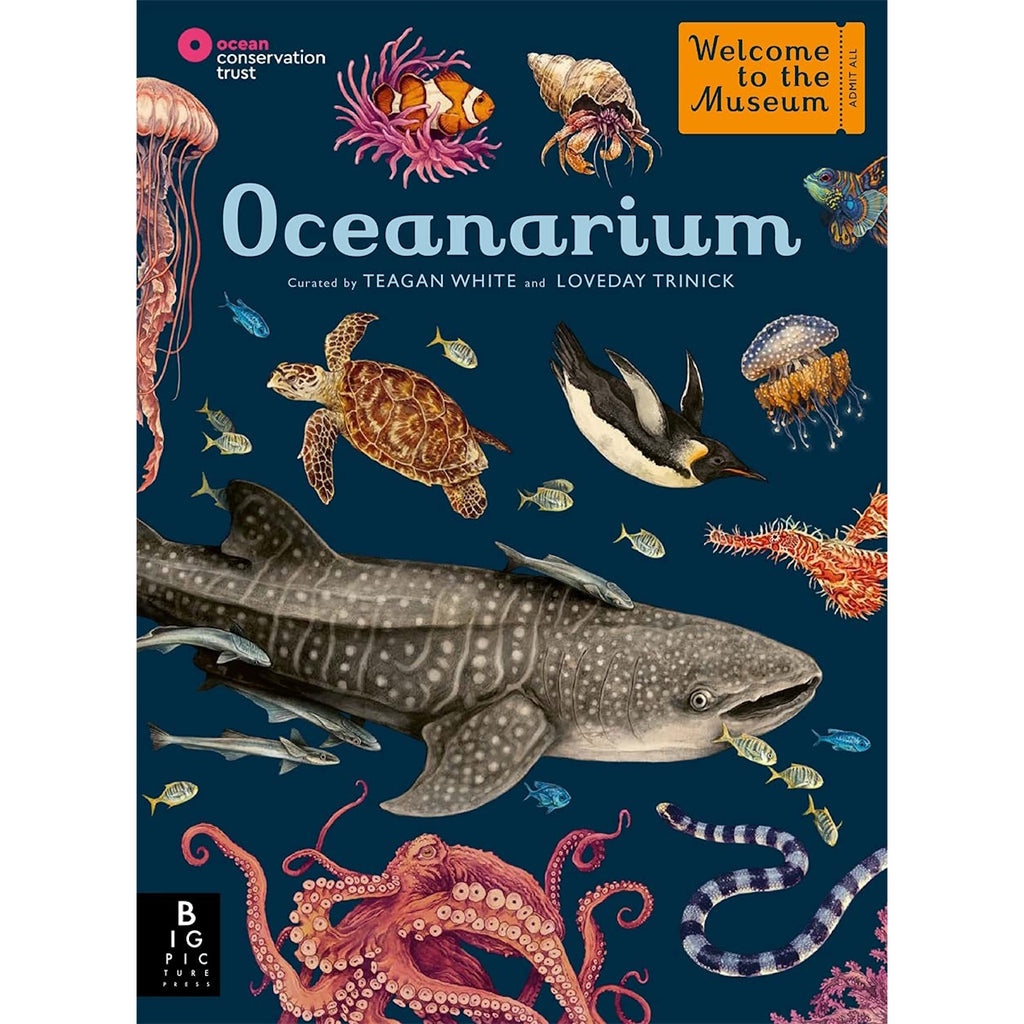 Cover of the book "Oceanarium" featuring diverse sea creatures like a shark, turtle, penguin, and octopus on a dark blue background.