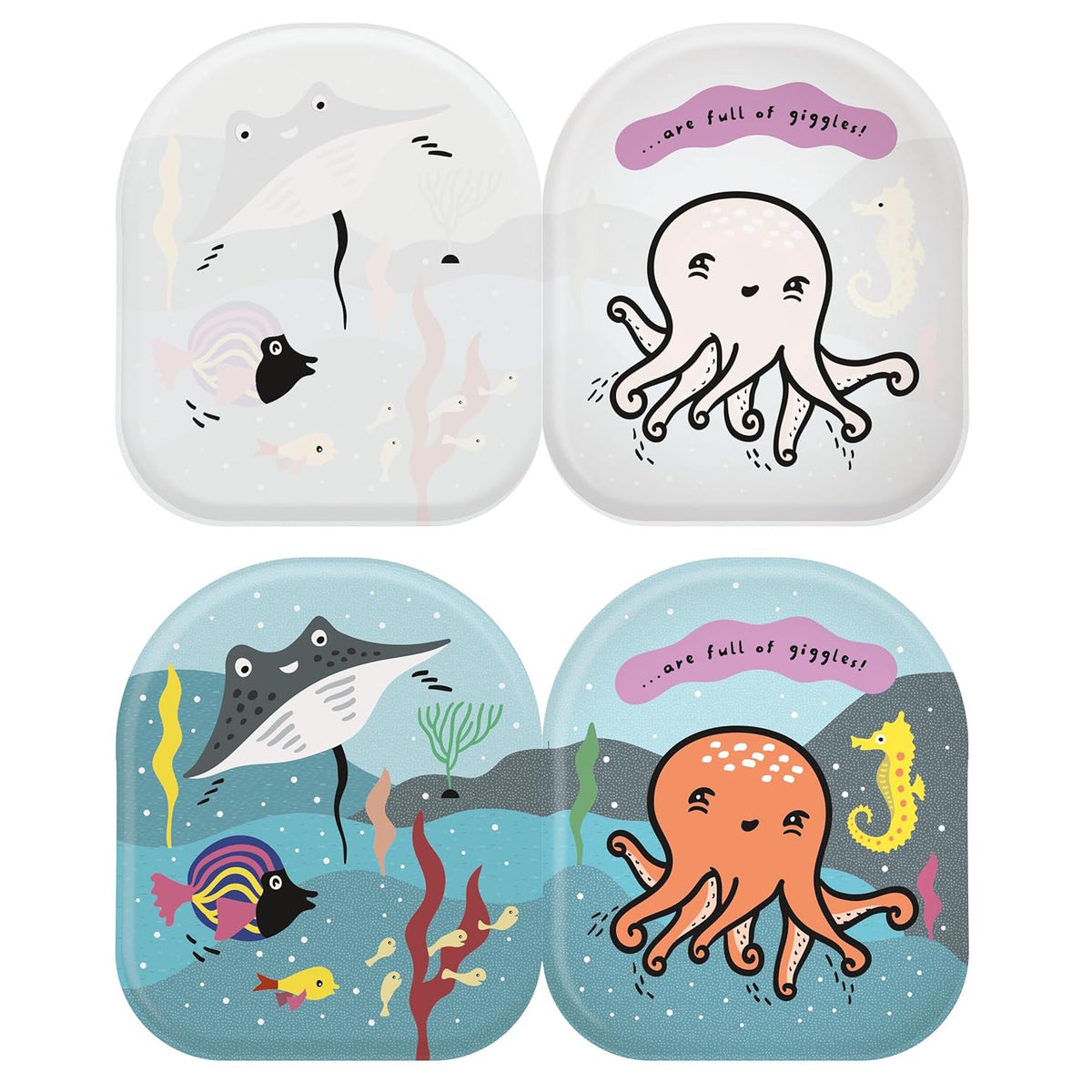 Color-changing octopus and friends bath book showing white illustrations turning into a colorful underwater scene.