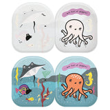 Color-changing octopus and friends bath book showing white illustrations turning into a colorful underwater scene.