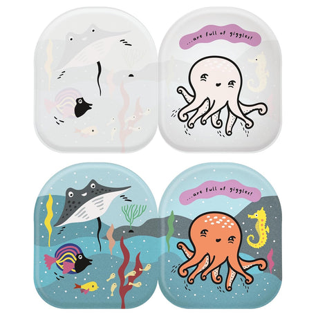 Color-changing octopus and friends bath book showing white illustrations turning into a colorful underwater scene.