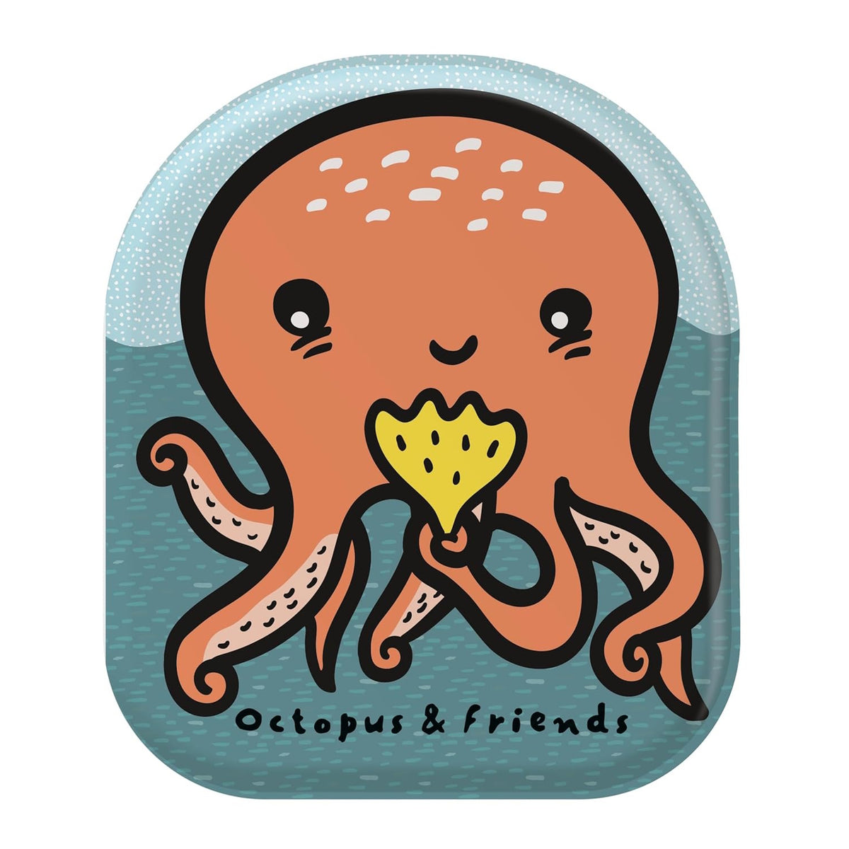 Octopus & Friends shaped bath book cover featuring a cute orange octopus holding a yellow seashell underwater.