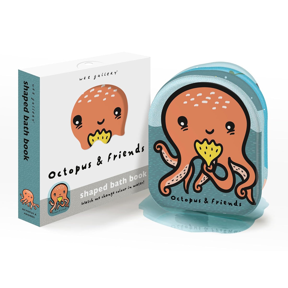Wee Gallery Octopus & Friends color-changing shaped bath book with illustrated orange octopus and product packaging.