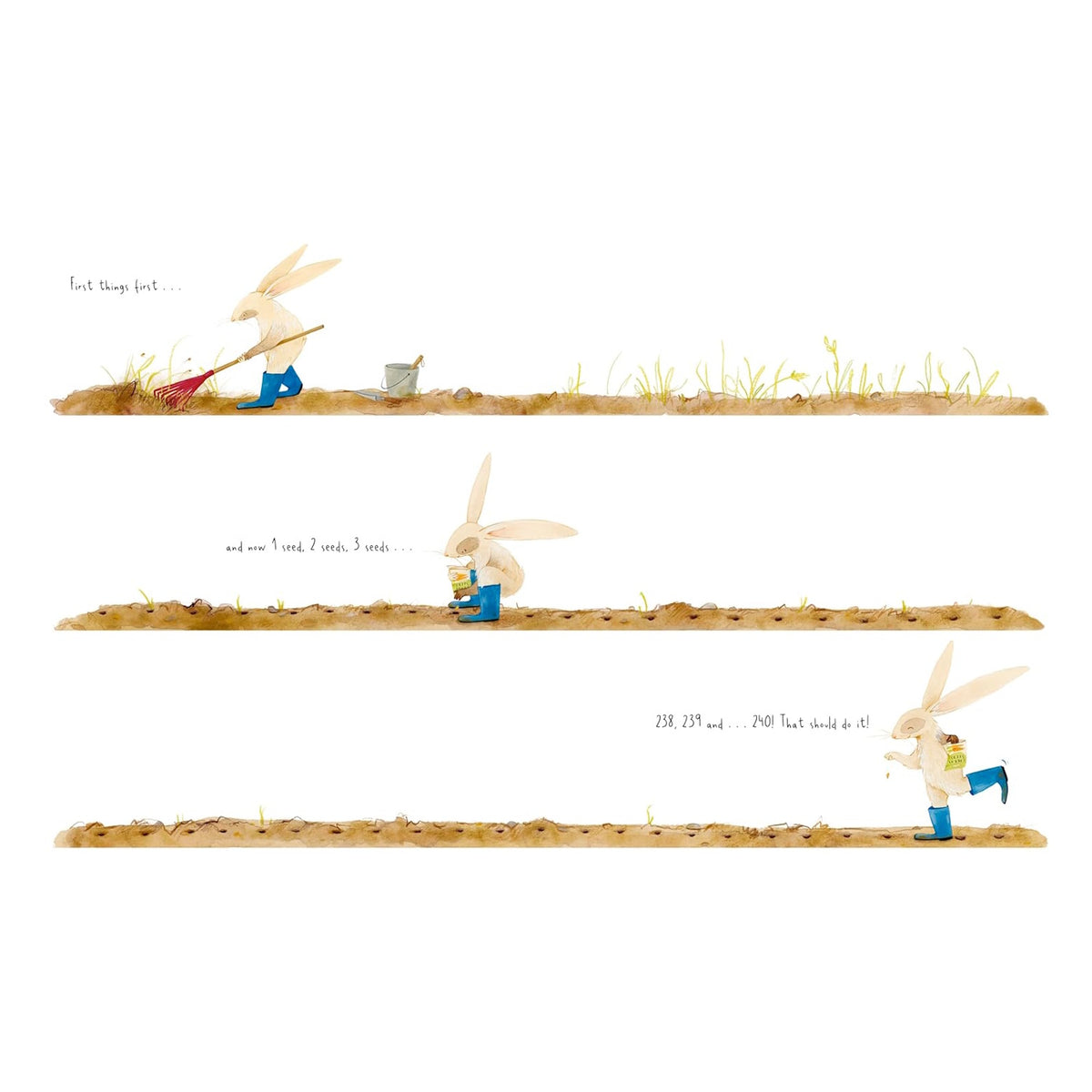 Oh, Carrots! inside page showing a bunny raking soil, planting seeds, and counting 240 seeds in a garden row.