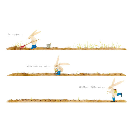 Oh, Carrots! inside page showing a bunny raking soil, planting seeds, and counting 240 seeds in a garden row.