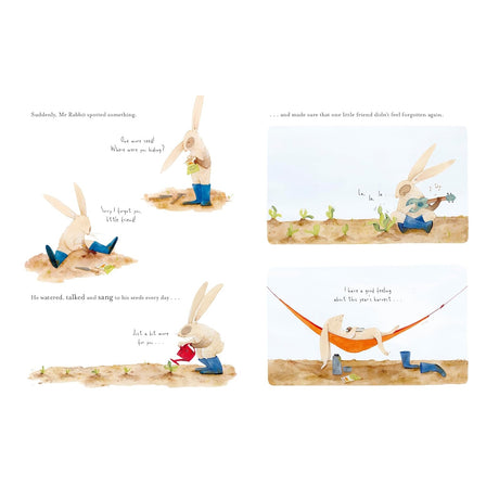 Oh, Carrots! inside page showing Mr. Rabbit planting, watering, and singing to seeds, then relaxing in a hammock.